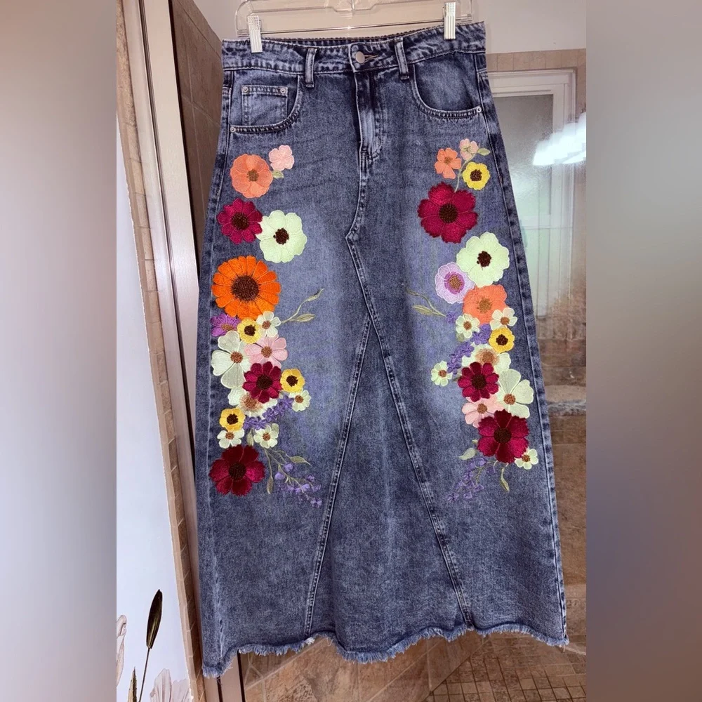 Upcycled Art to Wear Floral Embroidered A-line Denim Maxi Skirt - Picture 1 of 7